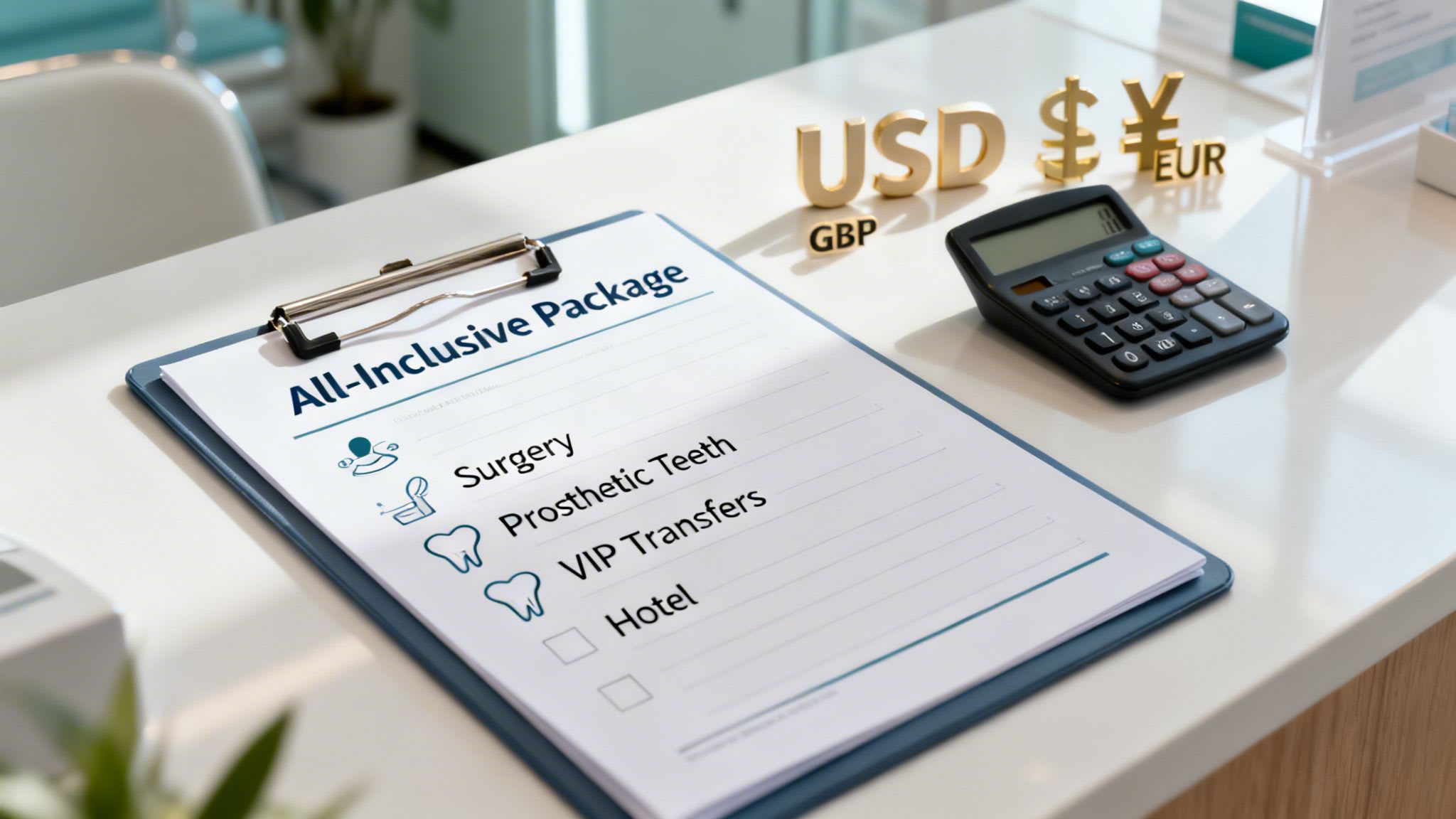 All-Inclusive Package document for dental tourism, listing surgery, prosthetic teeth, and hotel, with currency symbols and calculator.