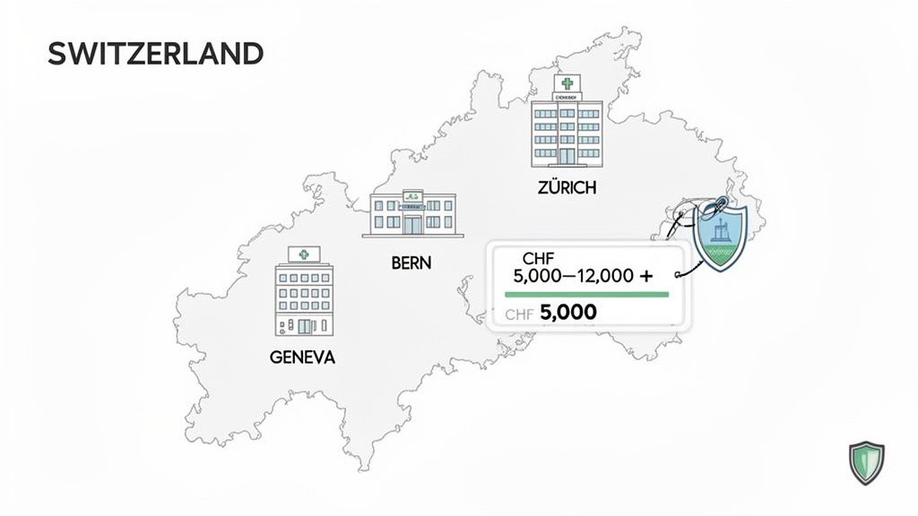 Karte der Schweiz, die Genf, Bern und Zürich hervorhebt, mit Kostenschätzungen für Haartransplantationen von CHF 5.000 bis 12.000+.