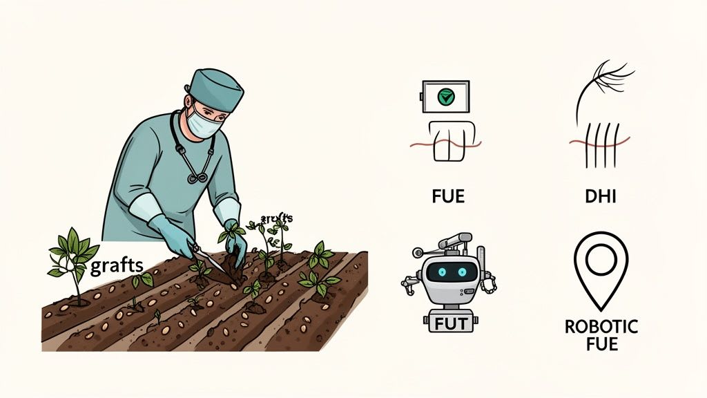 Ein Chirurg pflanzt Haartransplantate in ein Feld, neben Symbolen, die FUE, DHI, FUT und robotergestützte FUE-Methoden darstellen.