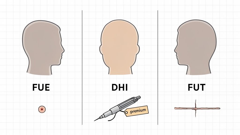Illustration, die FUE, DHI und FUT Haartransplantationsmethoden mit visuellen Darstellungen vergleicht.