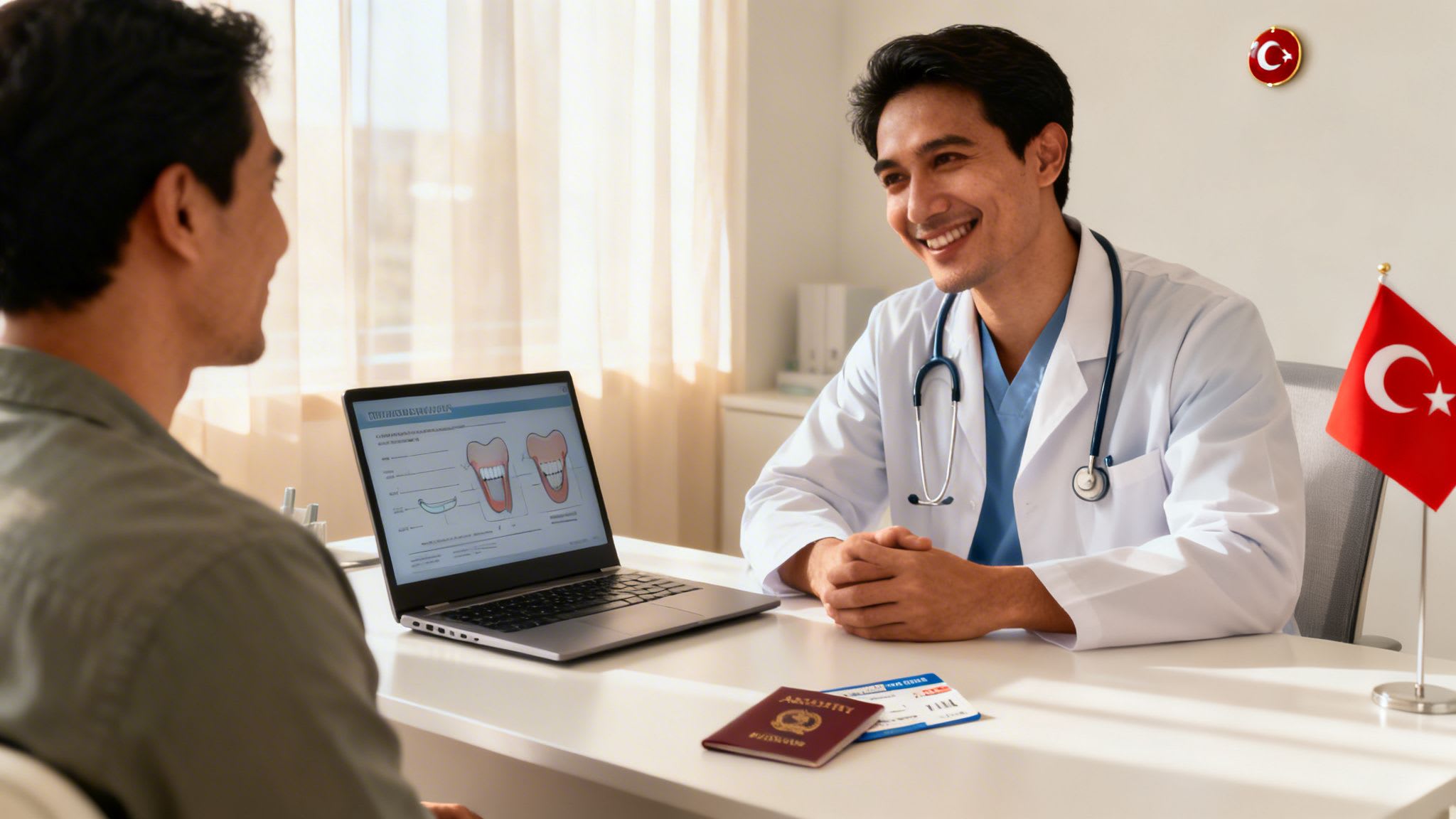 Smiling doctor discusses dental treatment with a male patient, with a laptop showing teeth diagrams and a Turkish flag.