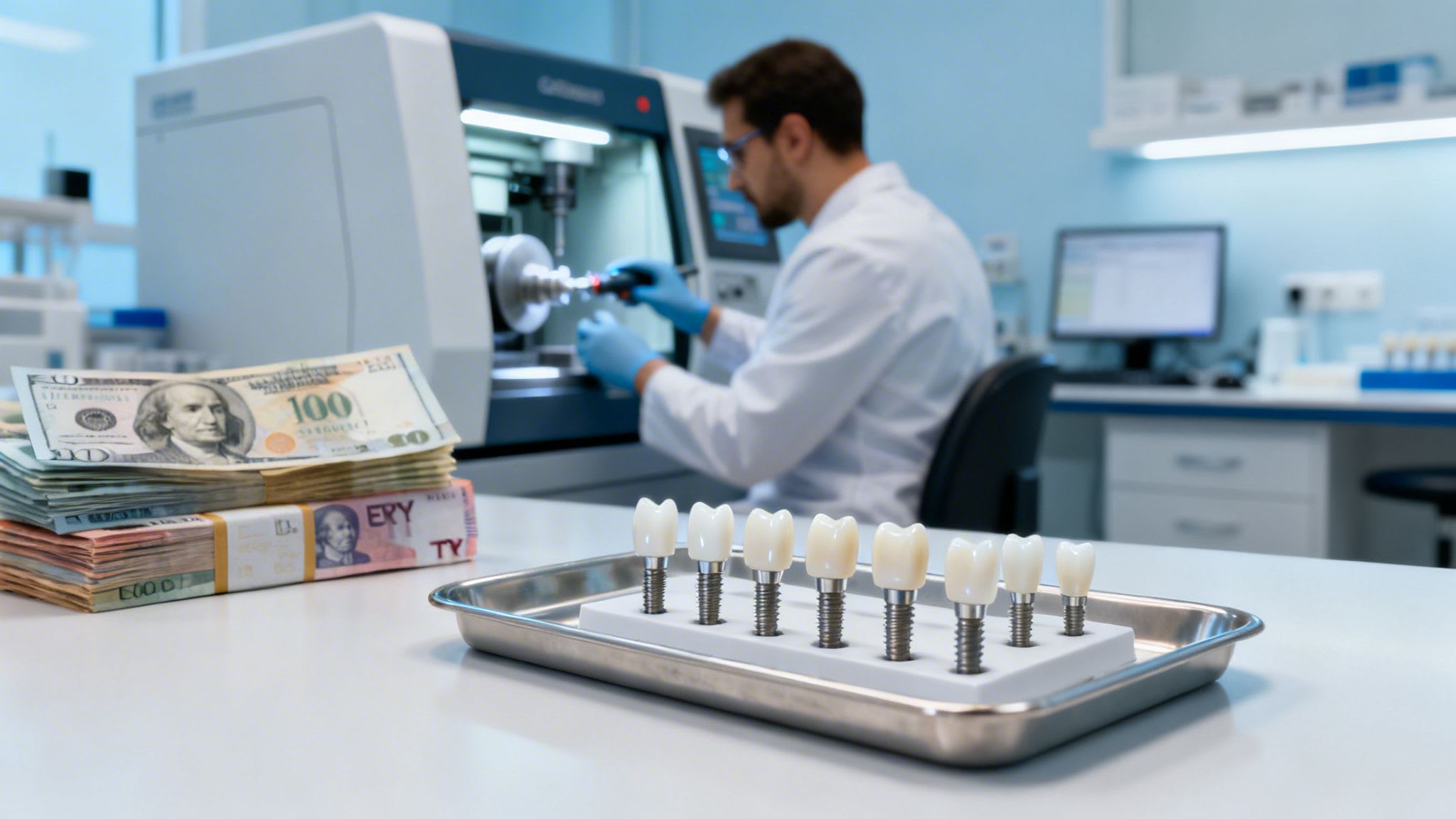 Dental lab with zirconia implants, cash, and a technician operating a milling machine.