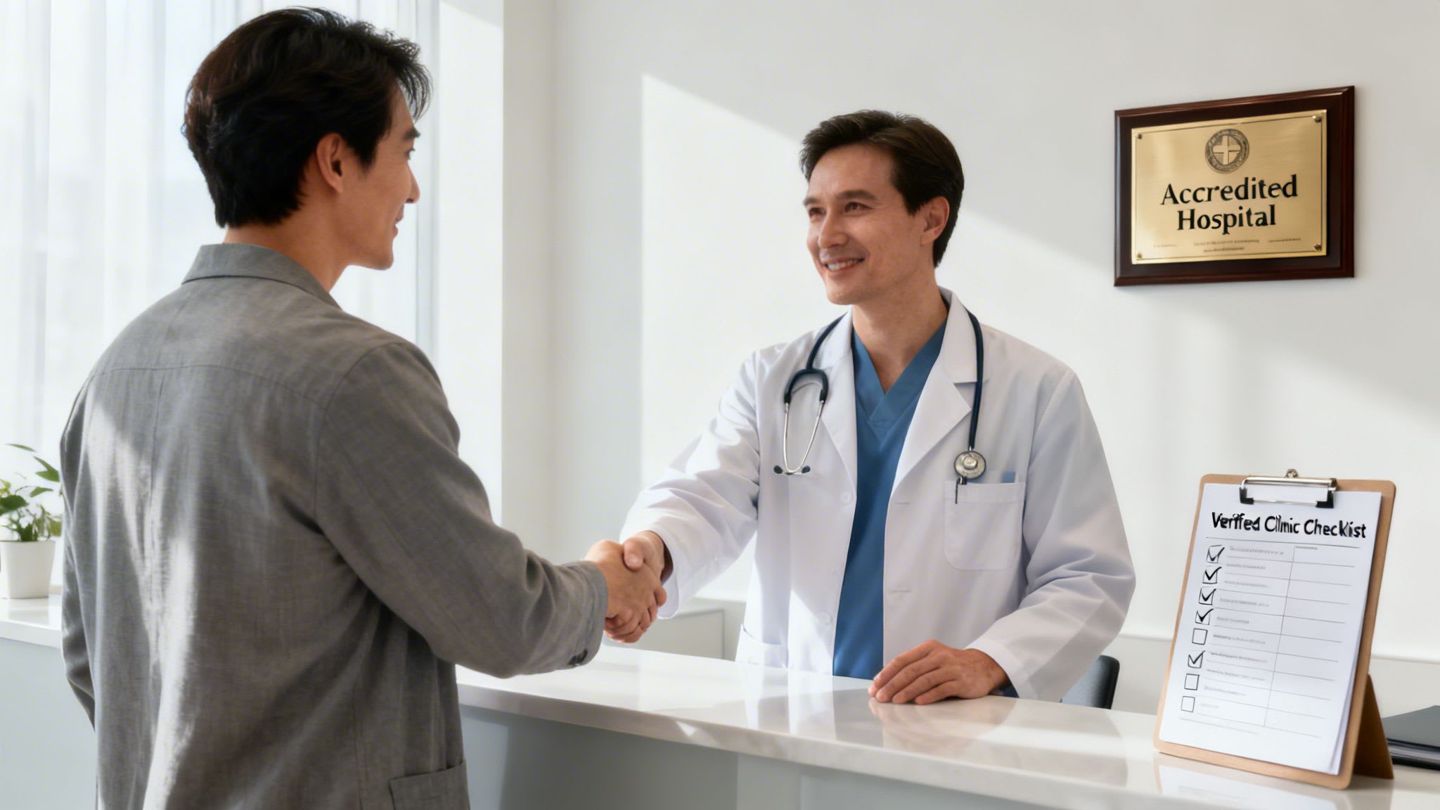 A smiling doctor in a white coat shakes hands with a patient at an accredited hospital reception.