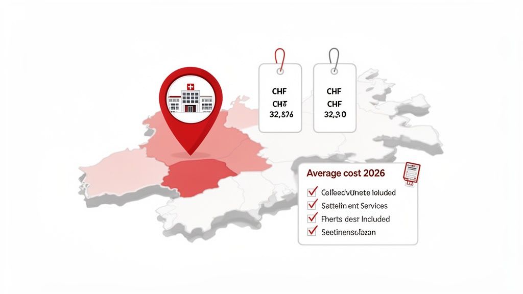 Karte, die einen Krankenhausstandort hervorhebt und die durchschnittlichen Gesundheitskosten in CHF für 2026 mit enthaltenen Dienstleistungen anzeigt.