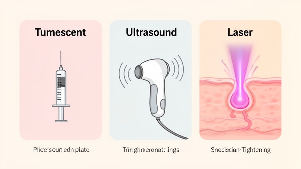 Illustrationen von tumeszenten Injektionen, Ultraschalltherapie und Laser-Hautstraffungsverfahren.