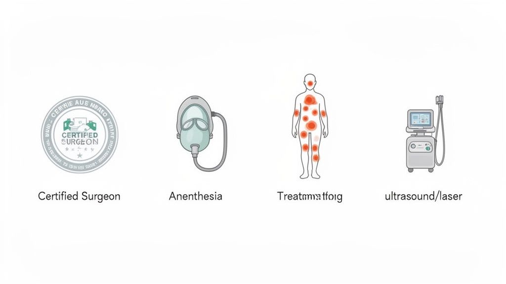Symbole, die einen zertifizierten Chirurgen, eine Anästhesiemaske, Behandlungsbereiche des menschlichen Körpers und ein Ultraschallgerät darstellen.