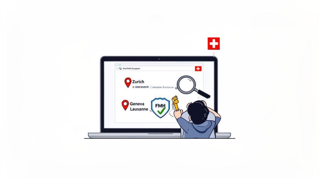 Illustration einer Person, die einen Laptop verwendet, um nach verifizierten Chirurgen in Schweizer Städten wie Zürich und Genf zu suchen.