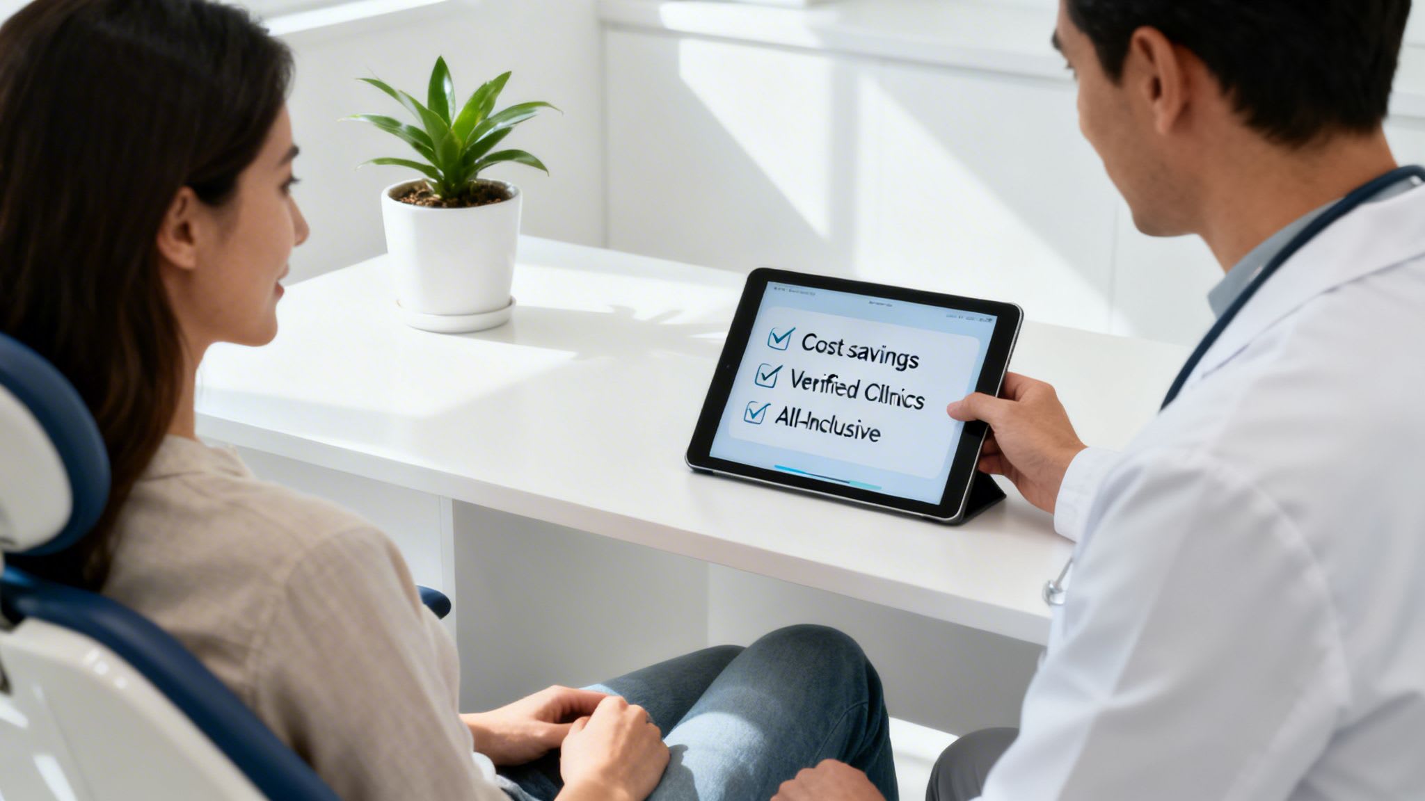 Ein Arzt zeigt einem Patienten ein Tablet mit einer Checkliste zu 'Kosteneinsparungen', 'Verifizierten Kliniken' und 'All-Inclusive.'