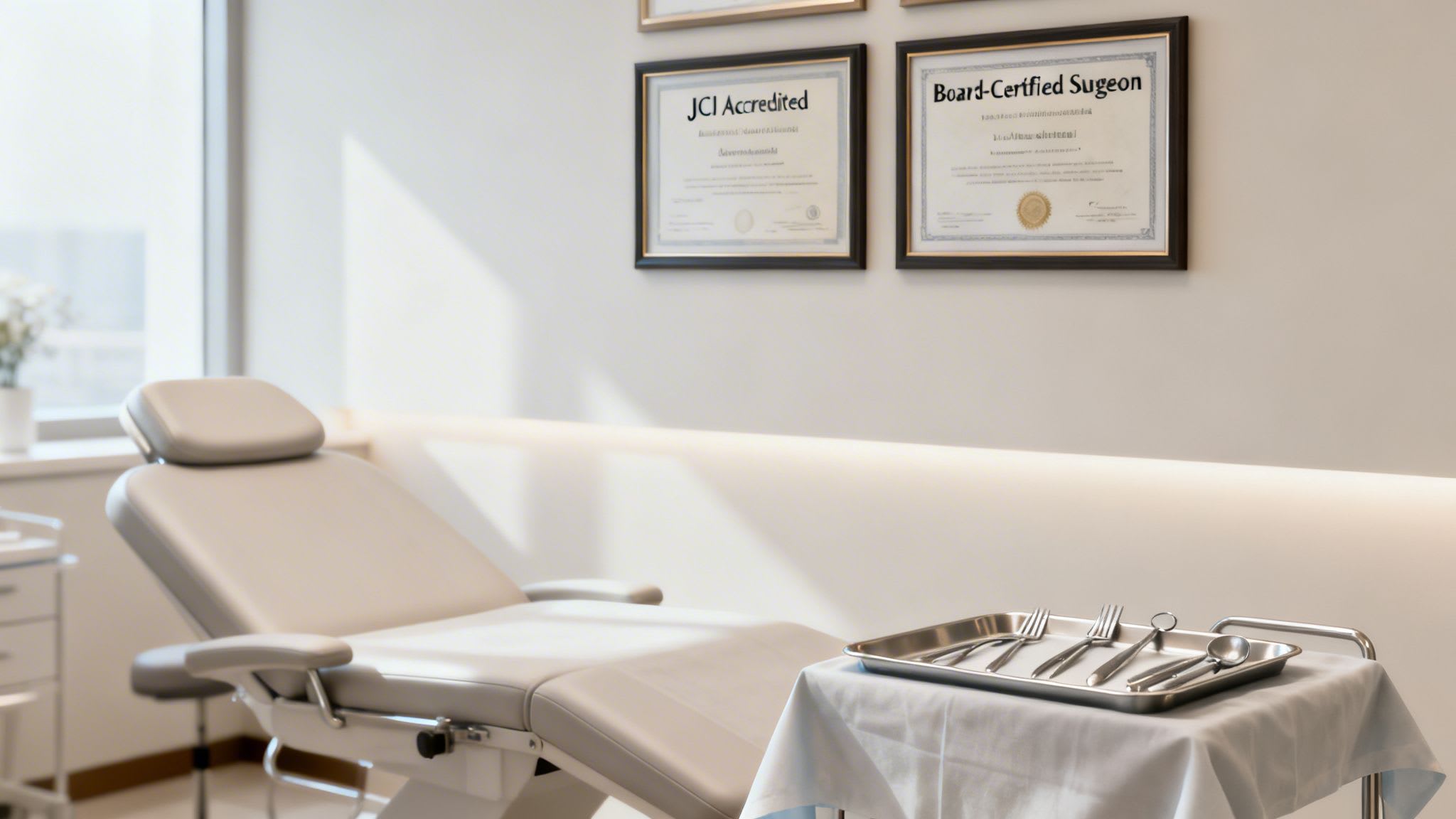 Ein sauberer Zahnarztpraxisraum mit einem Patientenstuhl, medizinischen Instrumenten und gerahmten Zertifikaten an der Wand.