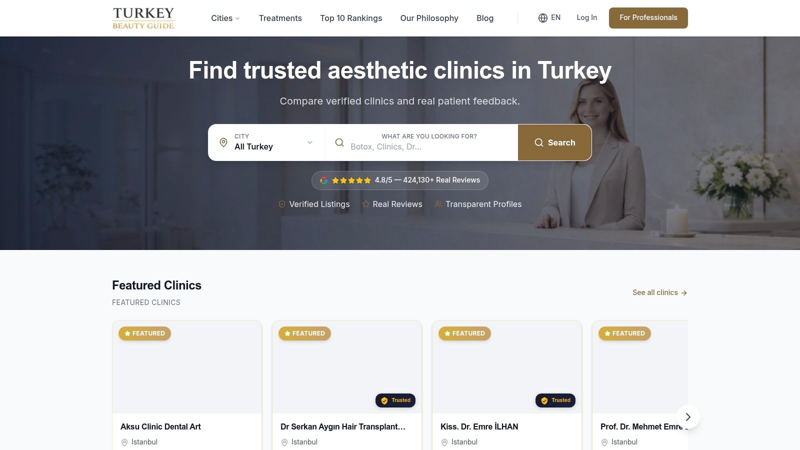 A screenshot of the TurkeyBeautyGuide website showing a list of aesthetic and dental clinics in Turkey.