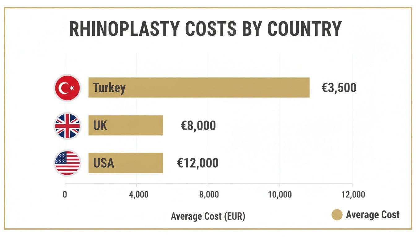 Bar chart illustrating average rhinoplasty costs in Turkey, UK, and USA, highlighting Turkey's affordability.