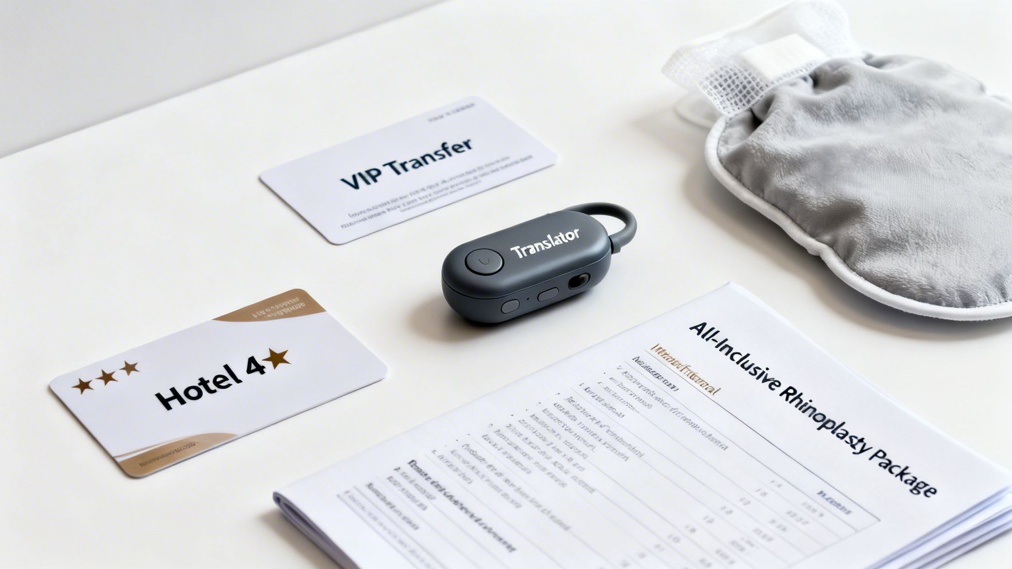 A flat lay of medical tourism essentials including a translator, hotel card, VIP transfer card, and an all-inclusive rhinoplasty package document.