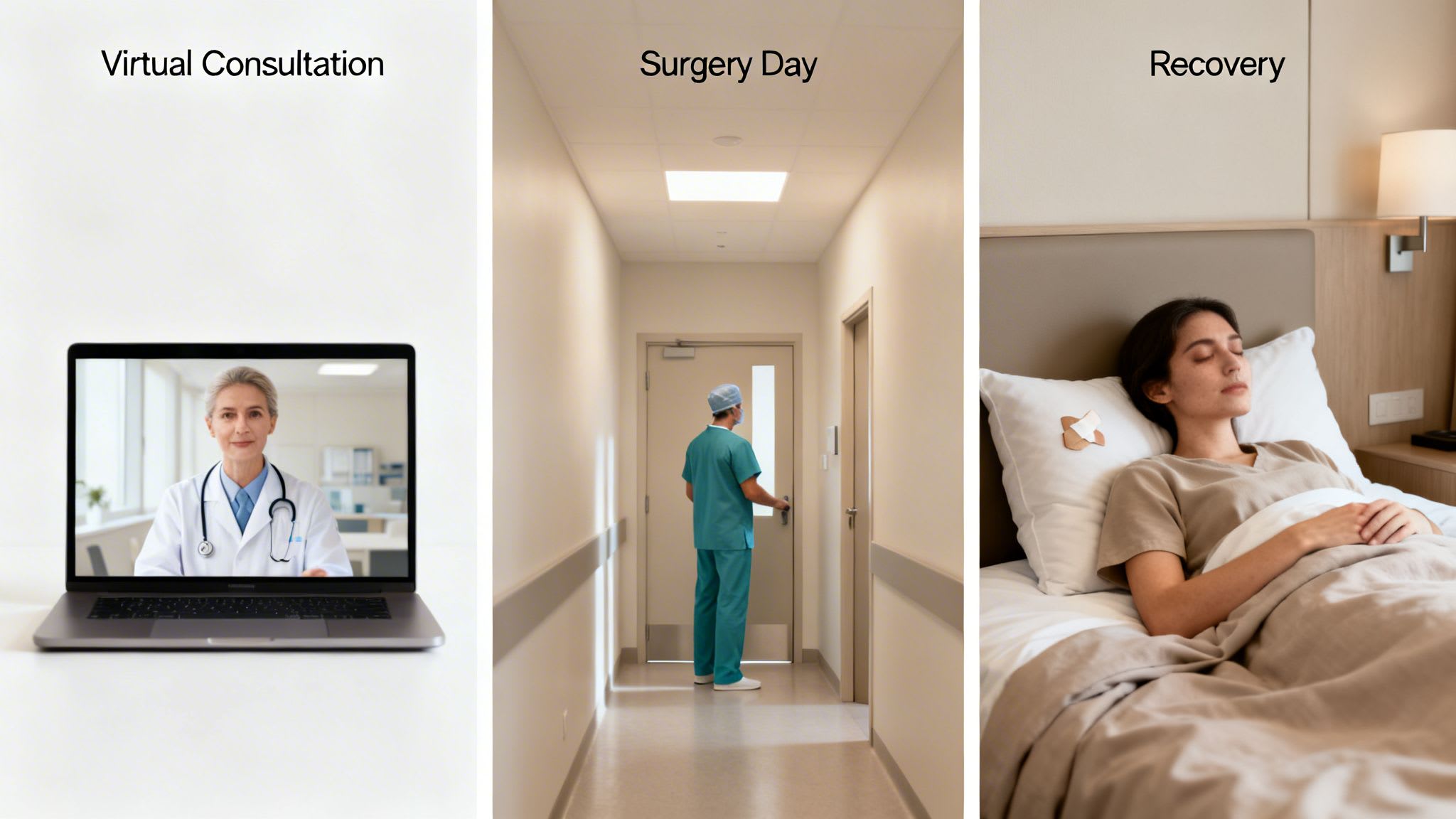 Three panels illustrate a medical patient's journey: virtual consultation, surgery day, and recovery.