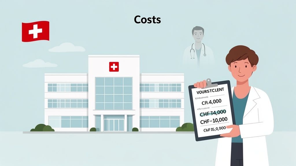 An illustration showing a hospital building, the Swiss flag, and a doctor presenting a clipboard with medical costs.