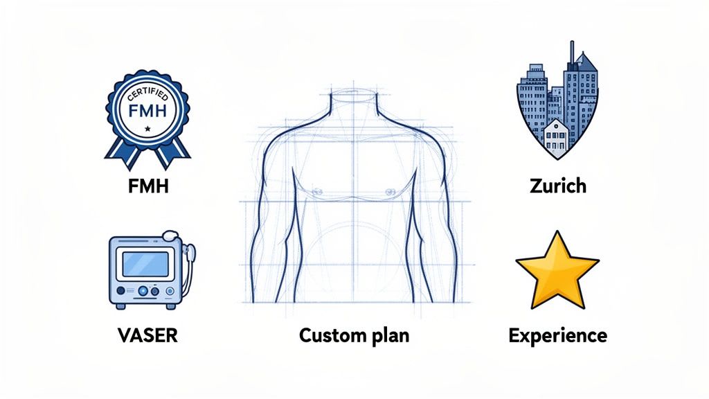 Icons representing FMH certification, custom body plan, Zurich location, VASER technology, and experience.