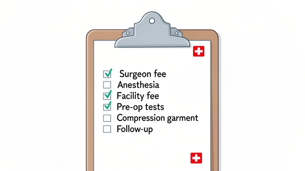 A medical checklist on a clipboard, showing surgeon fee, facility fee, and pre-op tests checked.