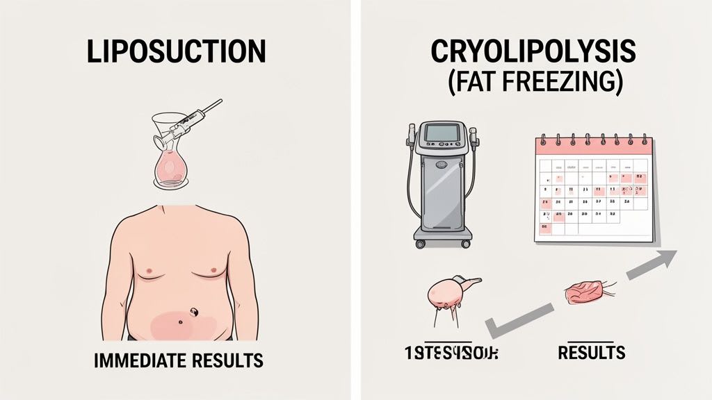 An infographic comparing liposuction for immediate fat removal with cryolipolysis (fat freezing) for gradual results.