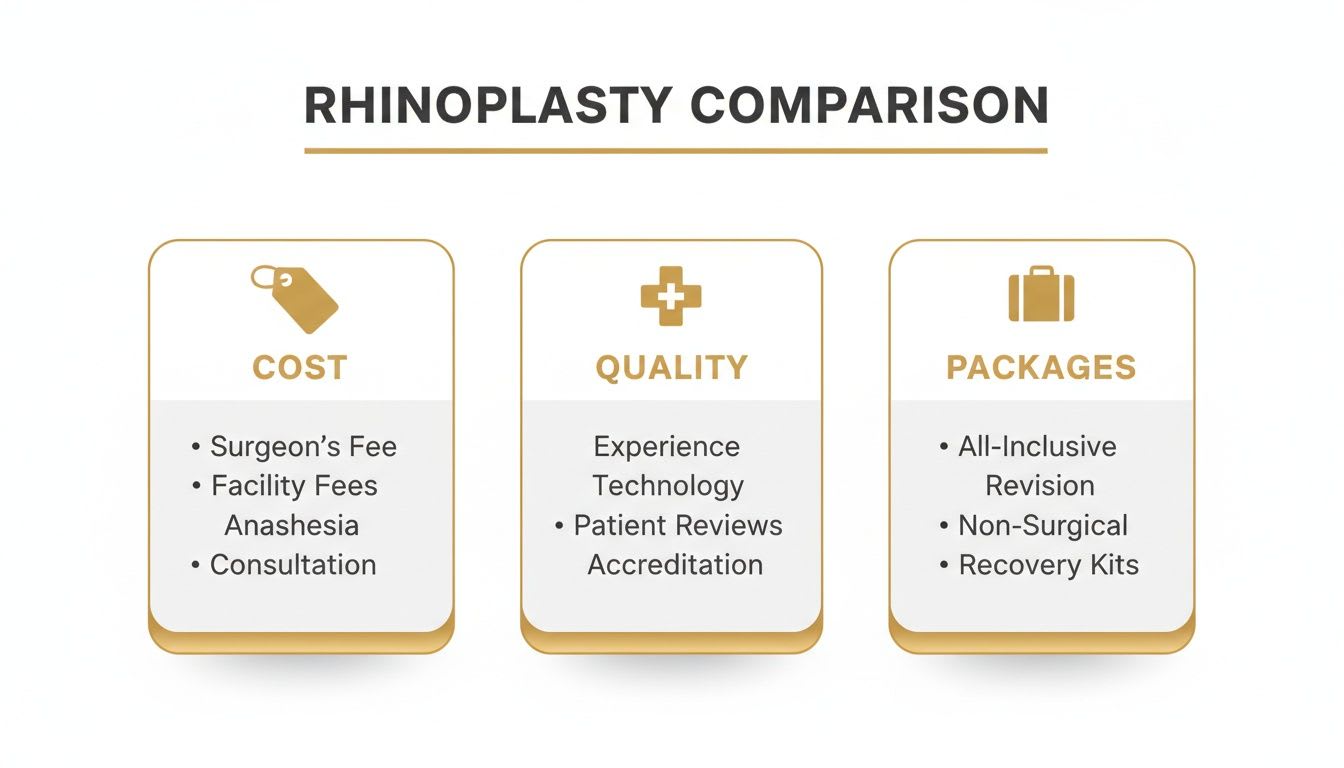 Rhinoplasty comparison chart detailing cost, quality, and package options for potential patients.