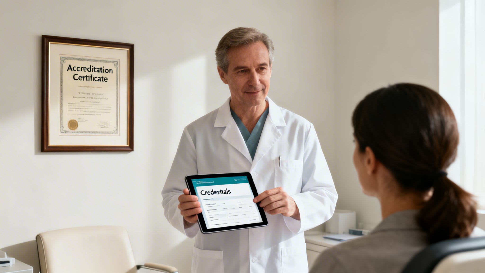 A male doctor in a white lab coat shows his credentials on a tablet to a female patient, with an accreditation certificate on the wall.
