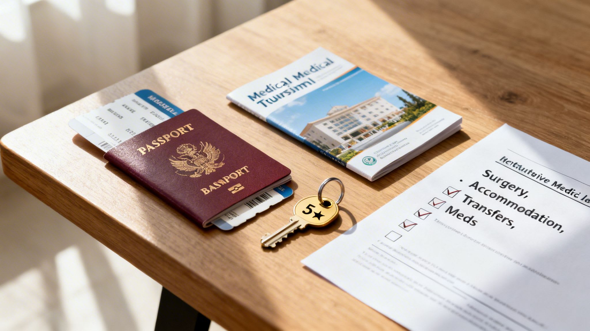 Passport, flight tickets, medical tourism brochure, 5-star key, and a medical checklist on a wooden table.
