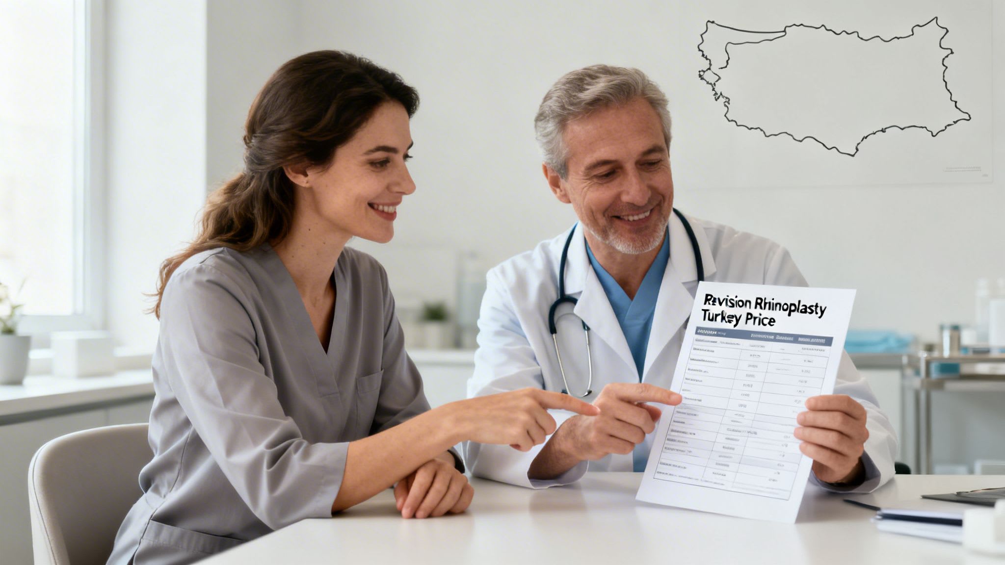 Two medical professionals smiling and pointing at a document titled 'Revision Rhinoplasty Turkey Price'.