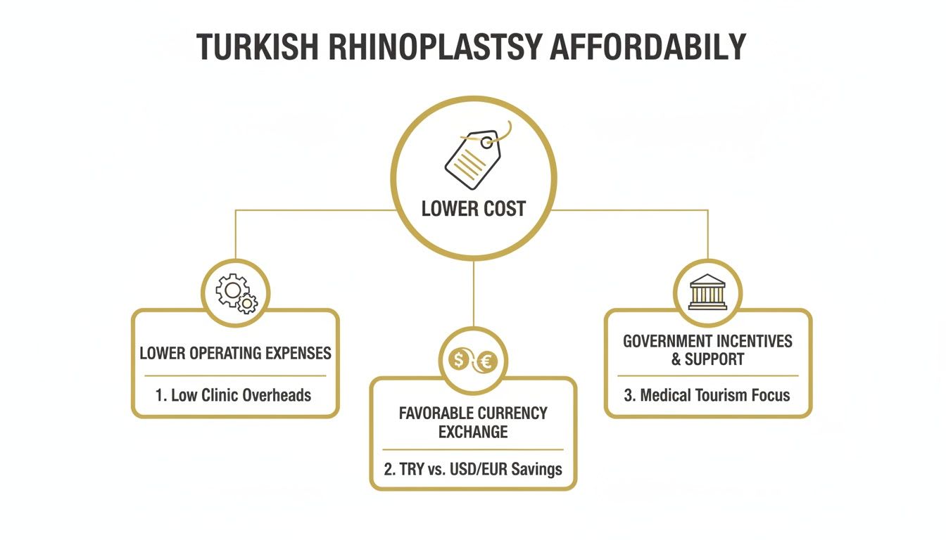 A diagram illustrating the lower cost of Turkish rhinoplasty due to low operating expenses, favorable currency exchange, and government support.