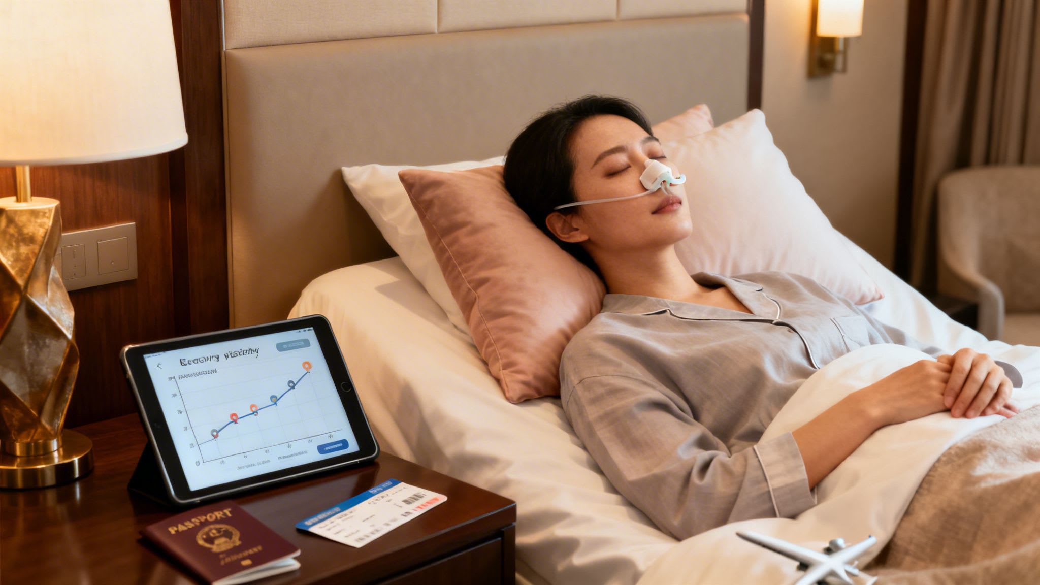 A woman sleeps with a nasal device in a hotel room, with sleep data displayed on a tablet.