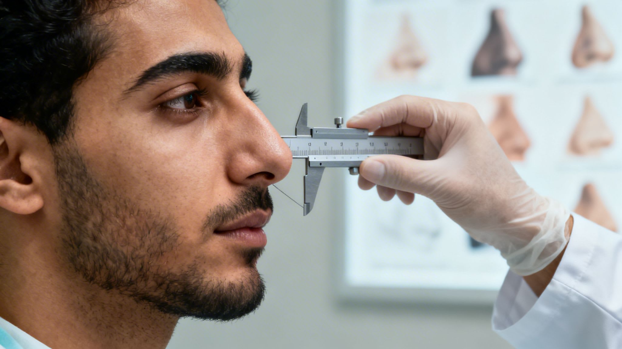 A doctor's gloved hand measures a man's nose with calipers during a rhinoplasty consultation.