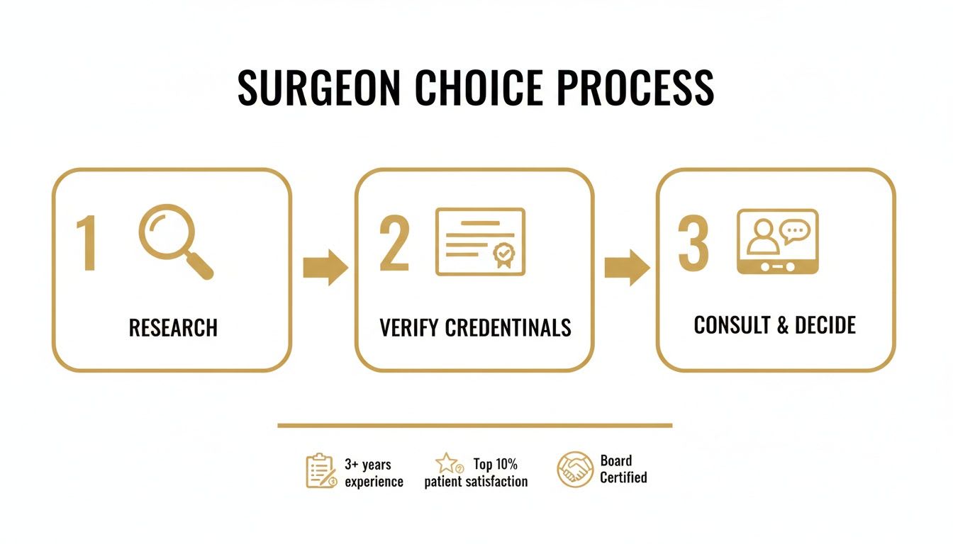 Infographic showing a 3-step surgeon choice process: Research, Verify Credentials, Consult & Decide.