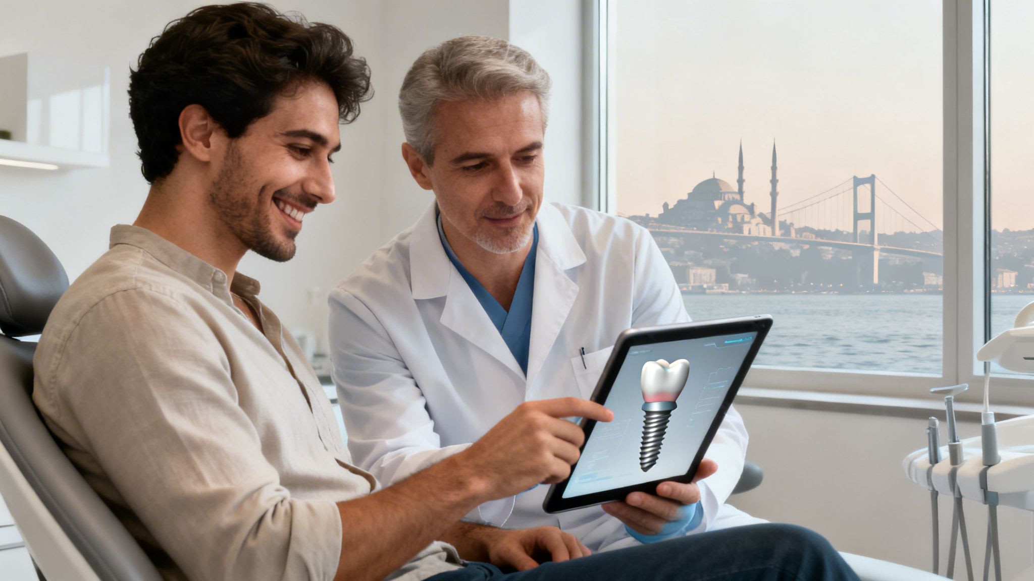 Dentist explains dental implant procedure to a smiling male patient on a tablet in Istanbul.