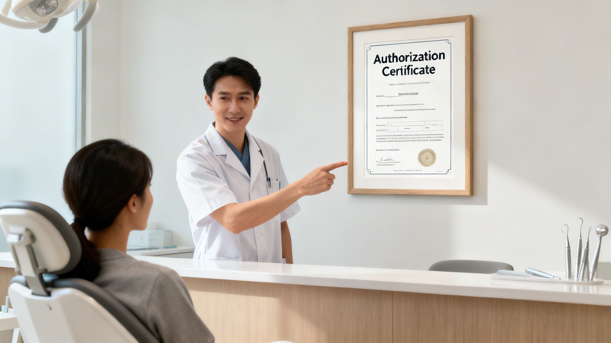 A smiling male dentist points at an authorization certificate to a female patient in a modern dental clinic.