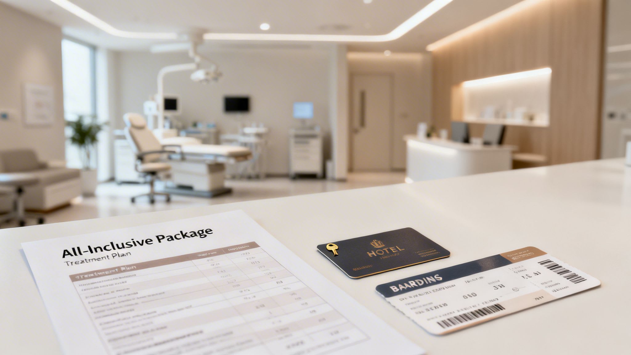 Treatment plan, hotel key card, and boarding pass on a counter in a modern dental clinic.