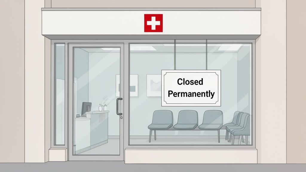 Eine dauerhaft geschlossene medizinische Klinik mit einem roten Kreuz-Logo, einem Empfangstresen und einem Wartebereich, der durch das Glas sichtbar ist.