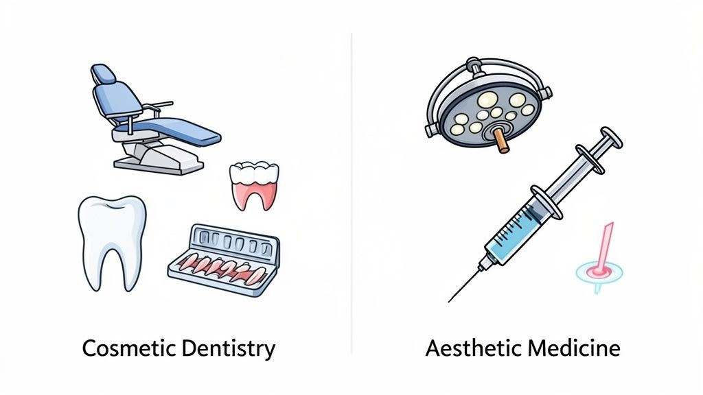 Illustrationen, die kosmetische Zahnheilkunde und ästhetische Medizinwerkzeuge wie einen Zahnarztstuhl, Zähne, Spritze und OP-Lampe gegenüberstellen.