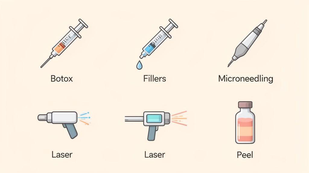 Sechs Symbole, die beliebte kosmetische Verfahren illustrieren: Botox, Filler, Mikronadelung, zwei Arten von Laserbehandlungen und ein chemisches Peeling.