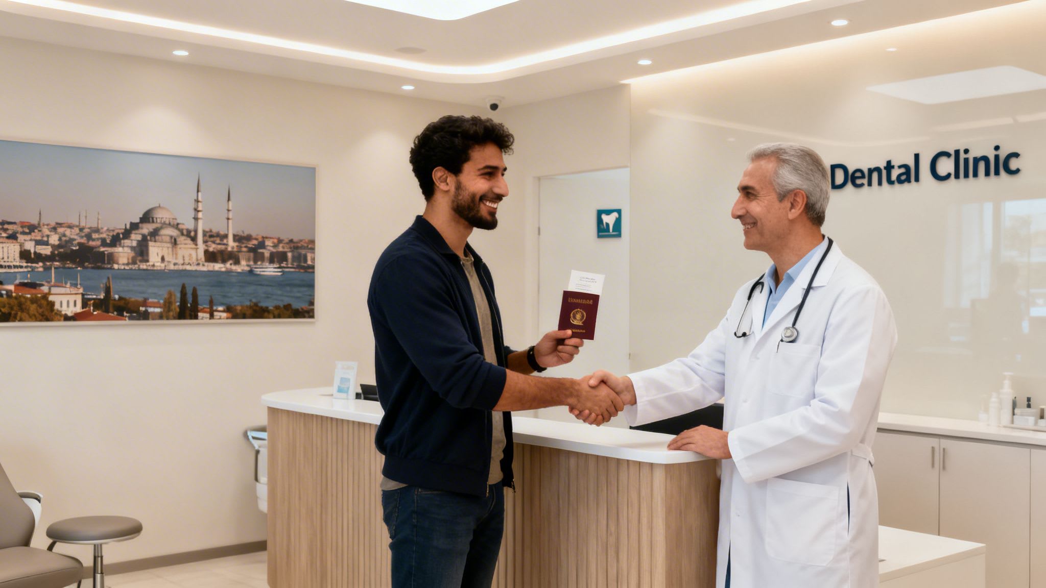 Smiling man with a passport shakes hands with a male dentist in a clean dental clinic reception.