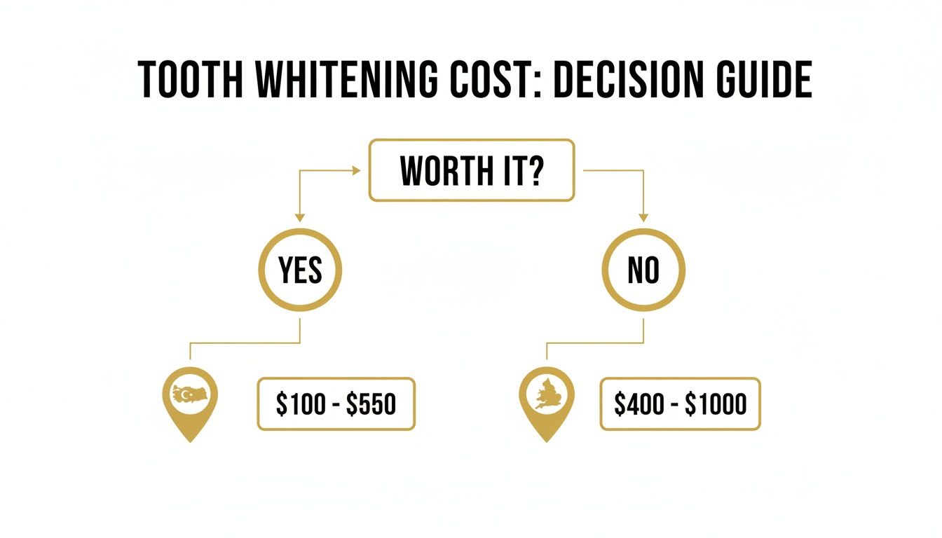 Flowchart showing tooth whitening cost decision guide comparing prices in Turkey and England.