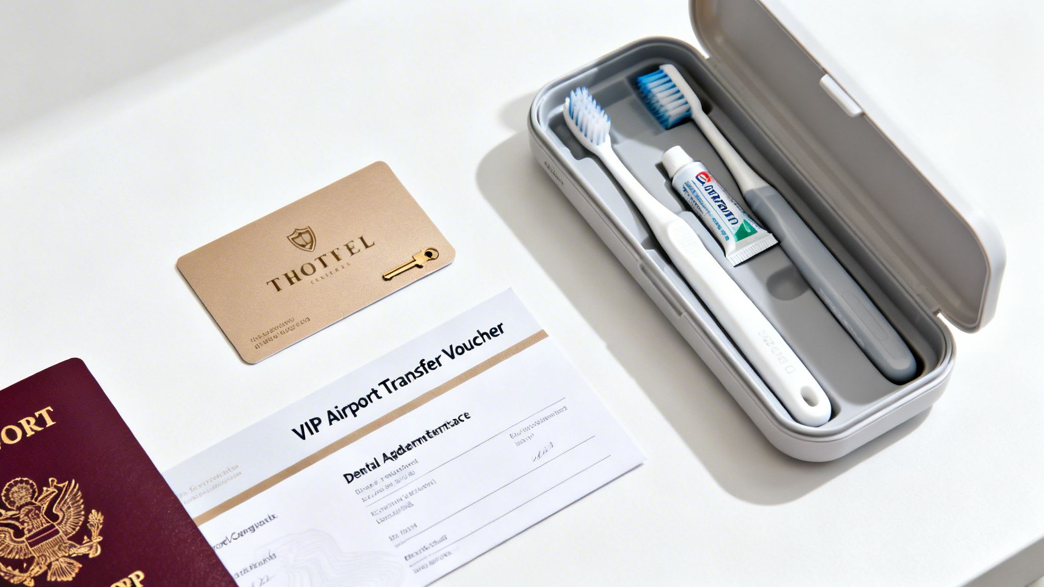A hotel key card, passport, airport transfer voucher, and a travel dental kit on a white surface.