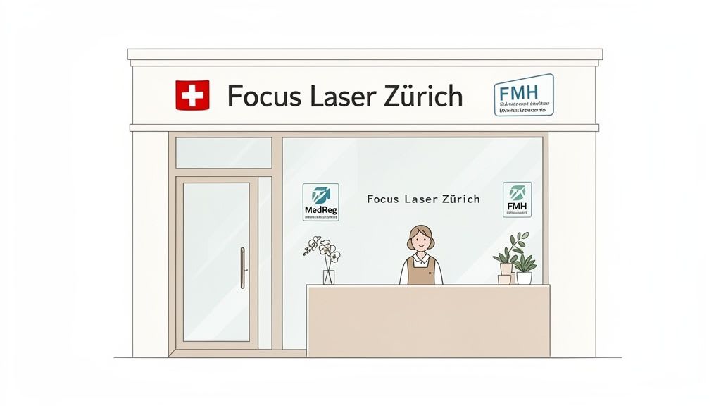 Cartoon-Illustration des Äusseren der Klinik Focus Laser Zürich mit Empfangstresen, Personal und sichtbaren medizinischen Logos.