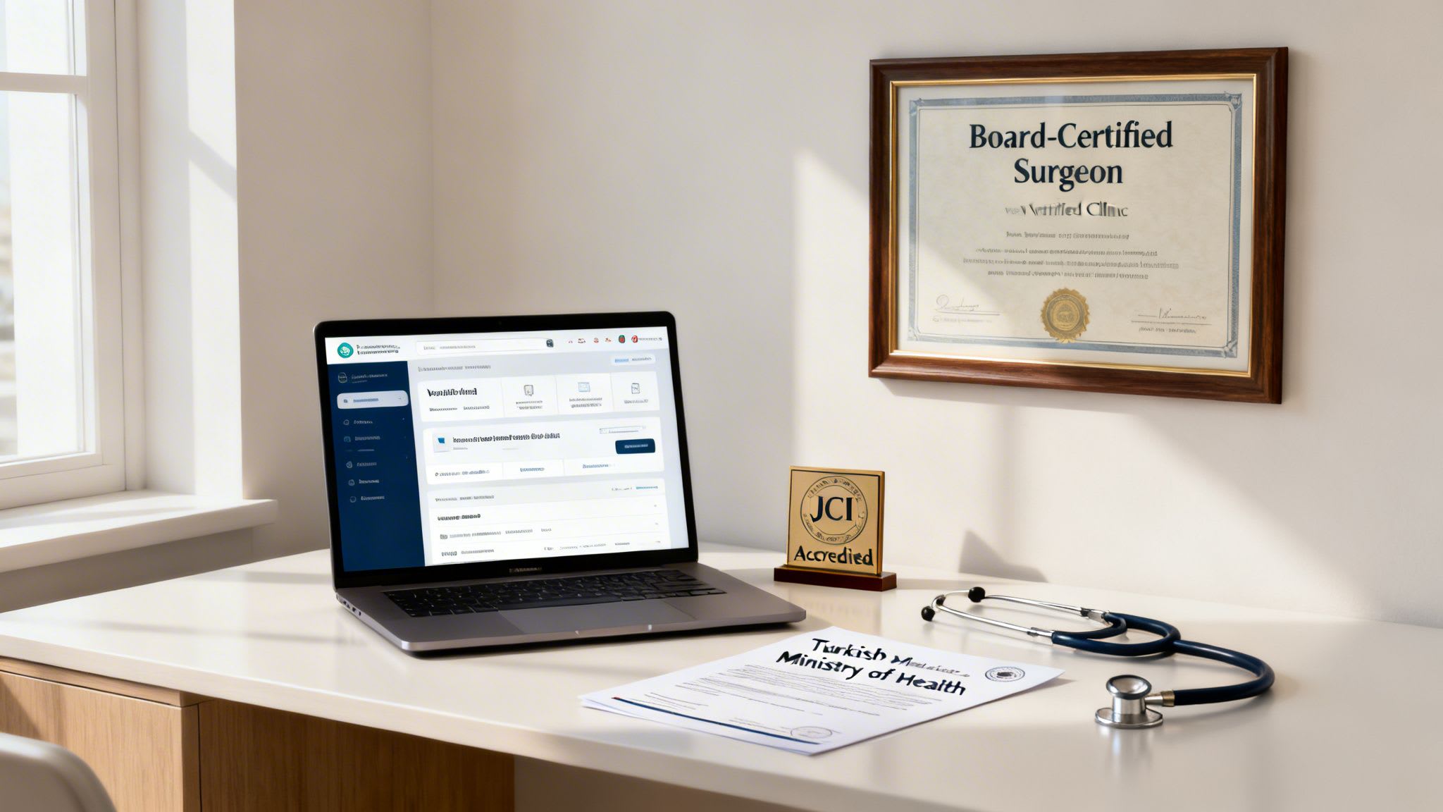 A doctor's desk with a laptop, framed certificate, JCI plaque, and stethoscope in a clinic setting.