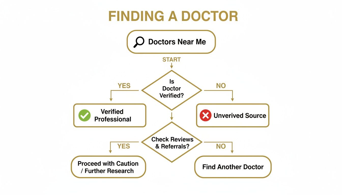 A flowchart guiding users on finding a doctor, emphasizing verification and checking reviews or referrals.