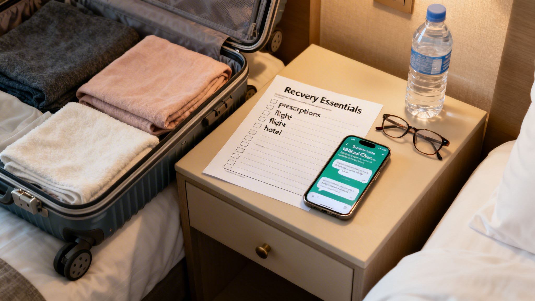 An open suitcase with folded clothes, a 'Recovery Essentials' checklist, phone, water, and glasses on a nightstand.