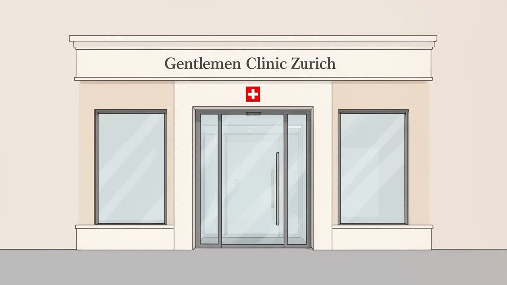 Außenansicht der Gentlemen Clinic Zürich, ein moderner Klinik-Eingang mit Glastüren und einem roten Kreuz-Symbol.