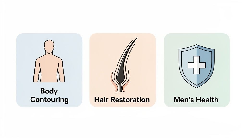 Drei Symbole, die Dienstleistungen darstellen: Körperkonturierung, Haarwiederherstellung und Männergesundheit.