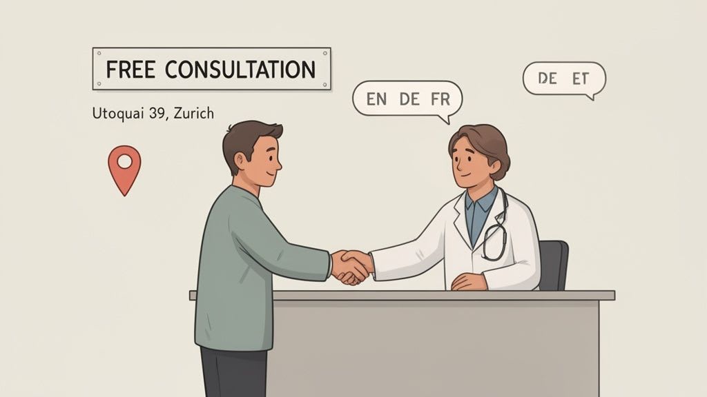 Illustration eines Patienten, der während einer kostenlosen Beratung in einer Klinik in Zürich einem Arzt die Hand schüttelt, was auf mehrsprachige Dienstleistungen hinweist.