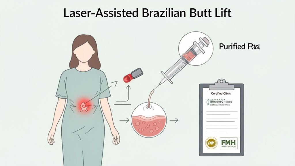 An illustration of a laser-assisted Brazilian butt lift procedure, showing fat extraction and purification.