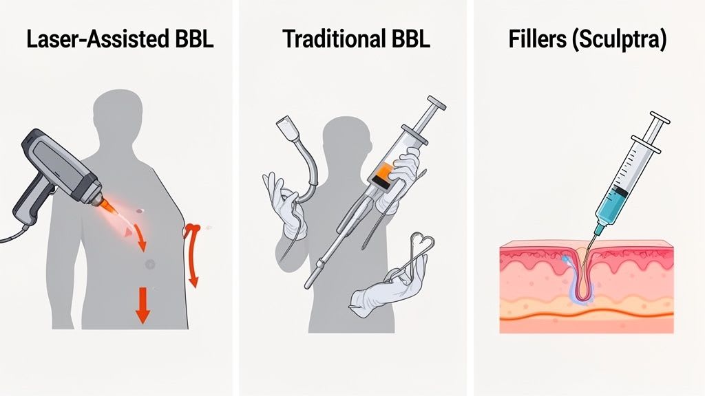 Illustrations comparing Laser-Assisted, Traditional BBL procedures, and Sculptra fillers for body enhancement.