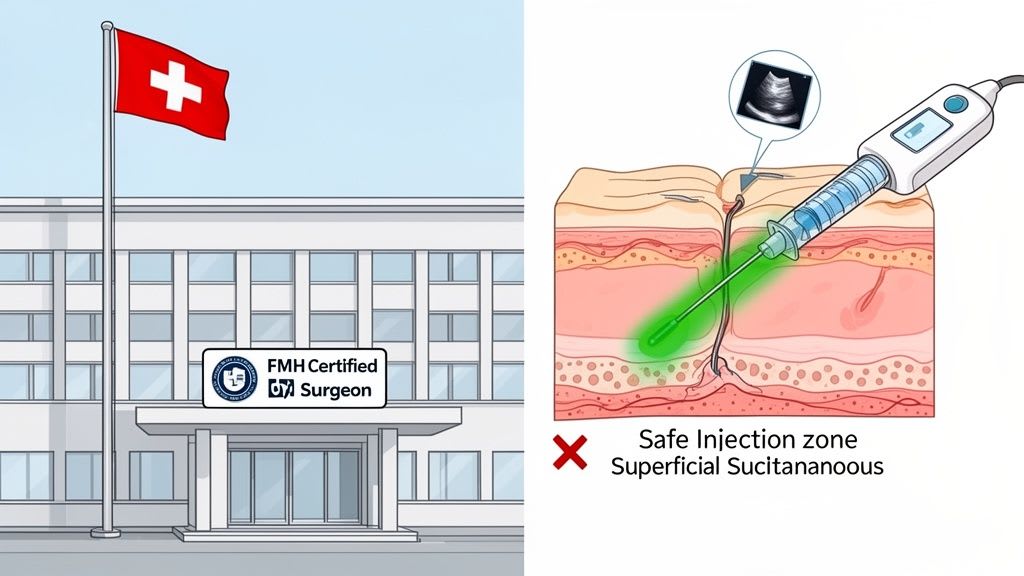 Image showing a Swiss surgeon's certification and an ultrasound-guided injection into skin for precise treatment.
