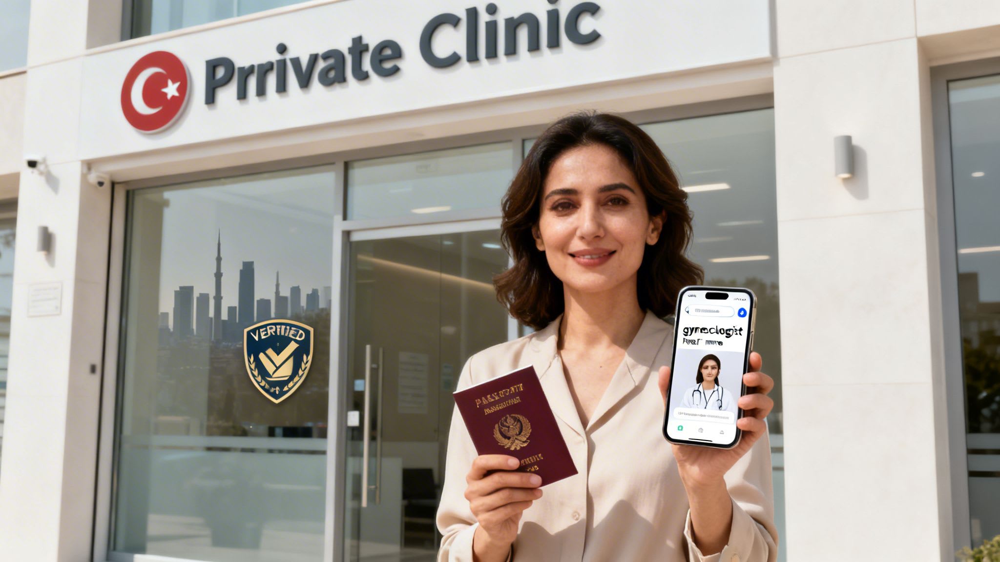 A smiling woman outside a private clinic, holding a passport and a phone displaying a gynecologist profile.