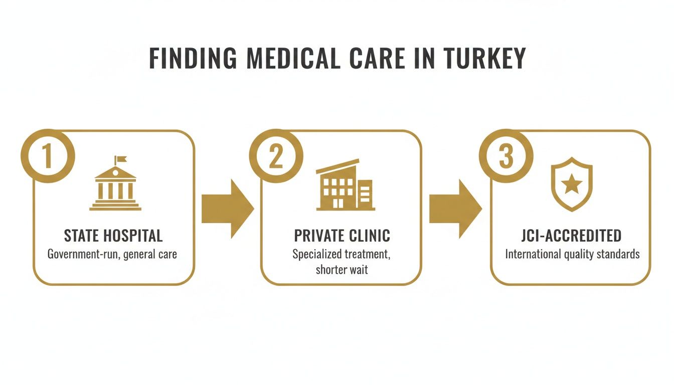 Infographic showing three steps to finding medical care in Turkey, from state hospitals to JCI-accredited facilities.